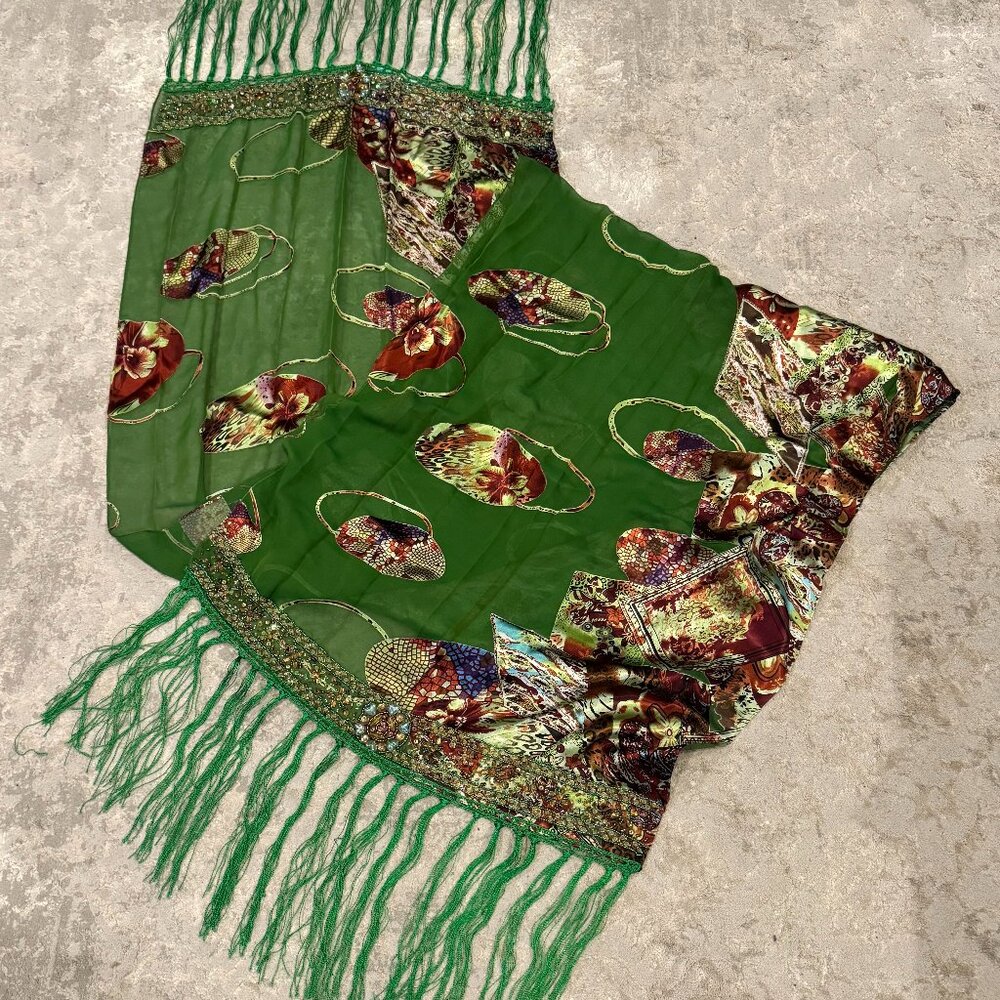 Sue Wong Green Floral Fringe Silk Scarf